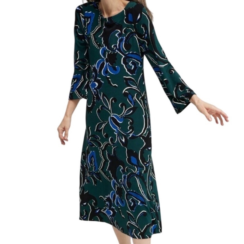 Chico's Women's Travelers Floral Abstract Bell Sleeve Shift Dress Green Size MP